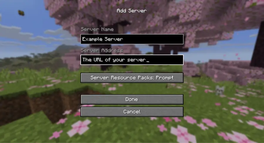 Minecraft's Add Server screen with a Server Name field reading "Example Server" and a Server Address field reading "The URL of your server".