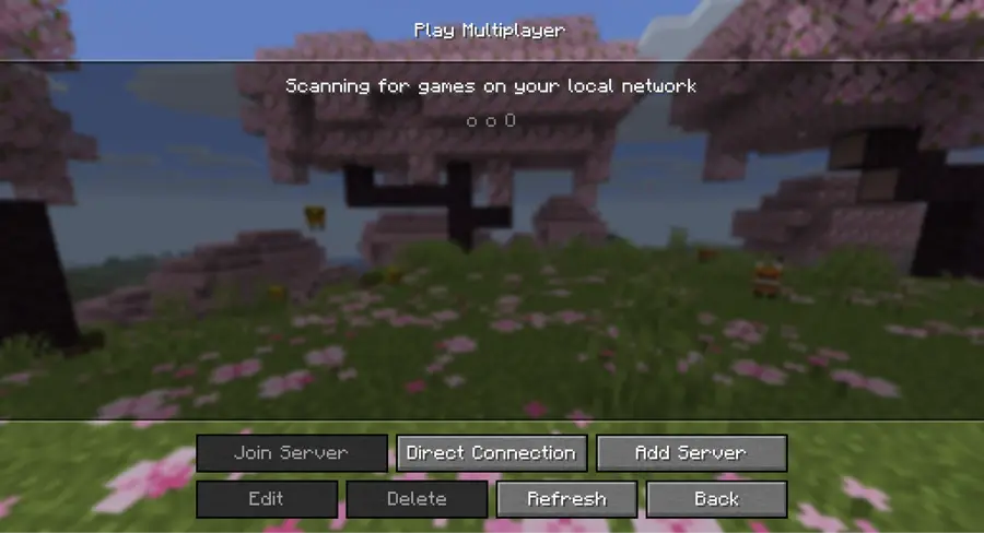 Minecraft's Play Multiplayer screen showing "Scanning for games on your local network", with Join Server, Direct Connection and Add Server buttons.