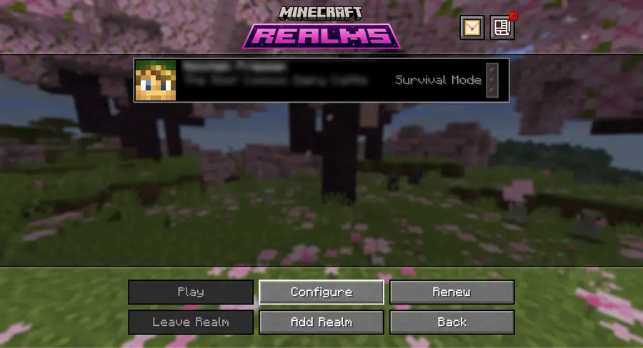 The Minecraft Realms screen in Java Edition, showing one realm in Survival Mode with Play, Configure, Renew, Leave Realm and Add Realm buttons.