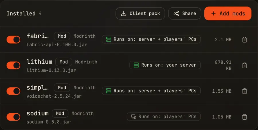 A Voxi mods list where each mod carries a label reading 'Runs on: your server', 'Runs on: players' PCs', or 'Runs on: server + players' PCs'.