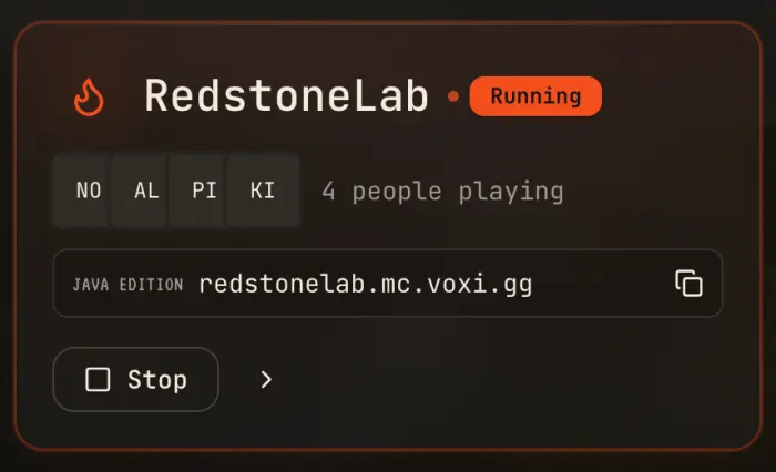 The same RedstoneLab world card, now labelled Running: four people playing, and the Java Edition join address redstonelab.mc.voxi.gg with a copy button beside it.